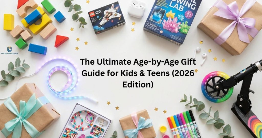 Flat-lay of colorful kids and teen gifts including wooden building blocks, LEGO City set, wireless earbuds, LED strip lights, jewelry kit, art markers, kick scooter, crystal growing lab, and wrapped gift boxes with ribbons on a white background