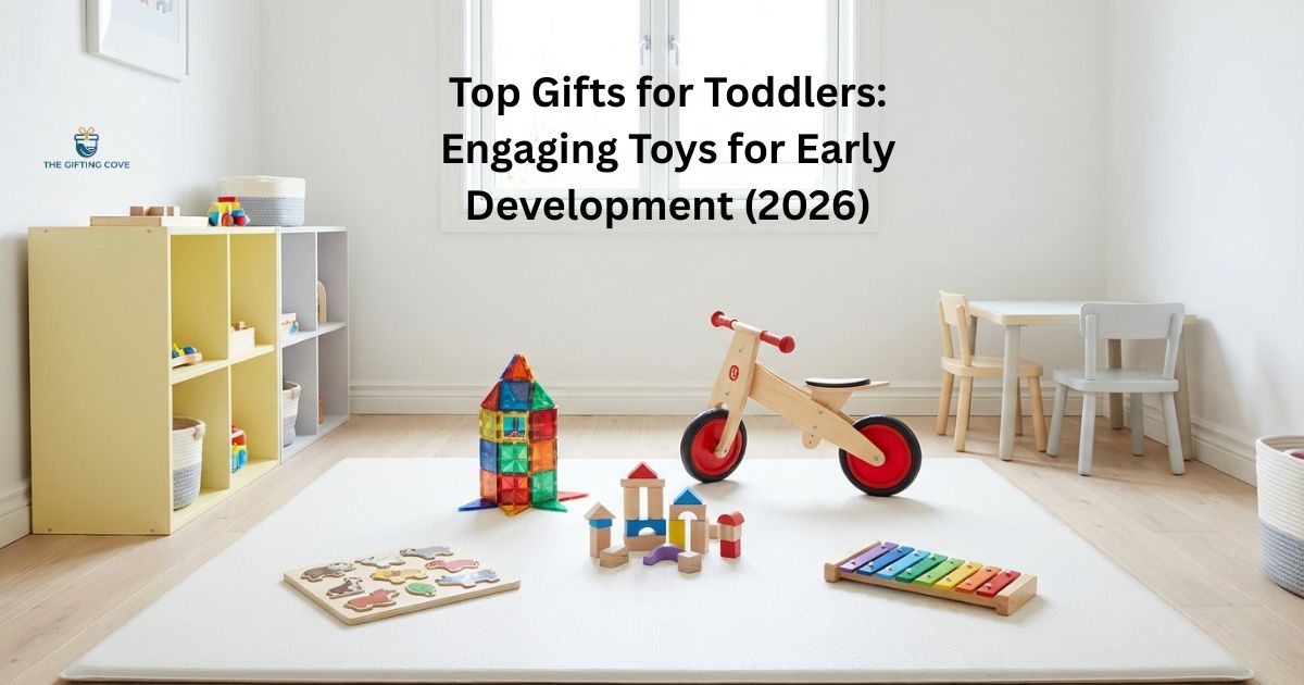 Colorful developmental toddler toys including magnetic tiles, balance bike, wooden blocks, puzzle and xylophone arranged on a white play mat in a bright minimalist playroom — Top Gifts for Toddlers 2026